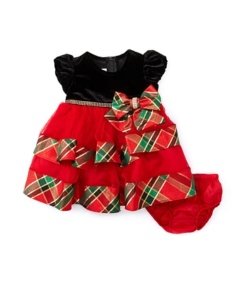 Bonnie Jean Baby Girls Newborn-24 Months Short Sleeve Velvet/Plaid Taffeta Tiered Fit-And-Flare Dress