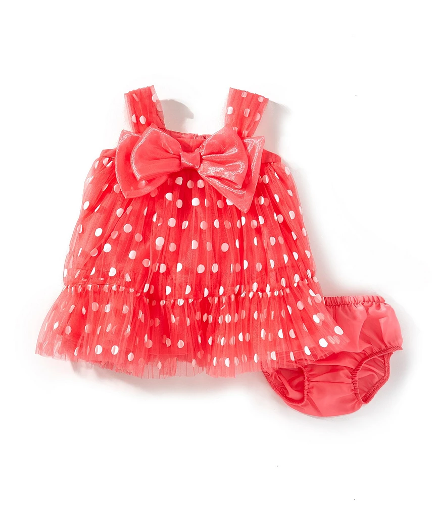 Bonnie Jean Baby Girls Sleeveless Bow-Accented Dotted Mesh Babydoll Dress
