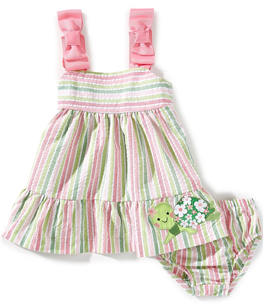 Bonnie Jean Baby Girls Turtle Applique Multi-Colored Striped Bow Shoulder Sundress