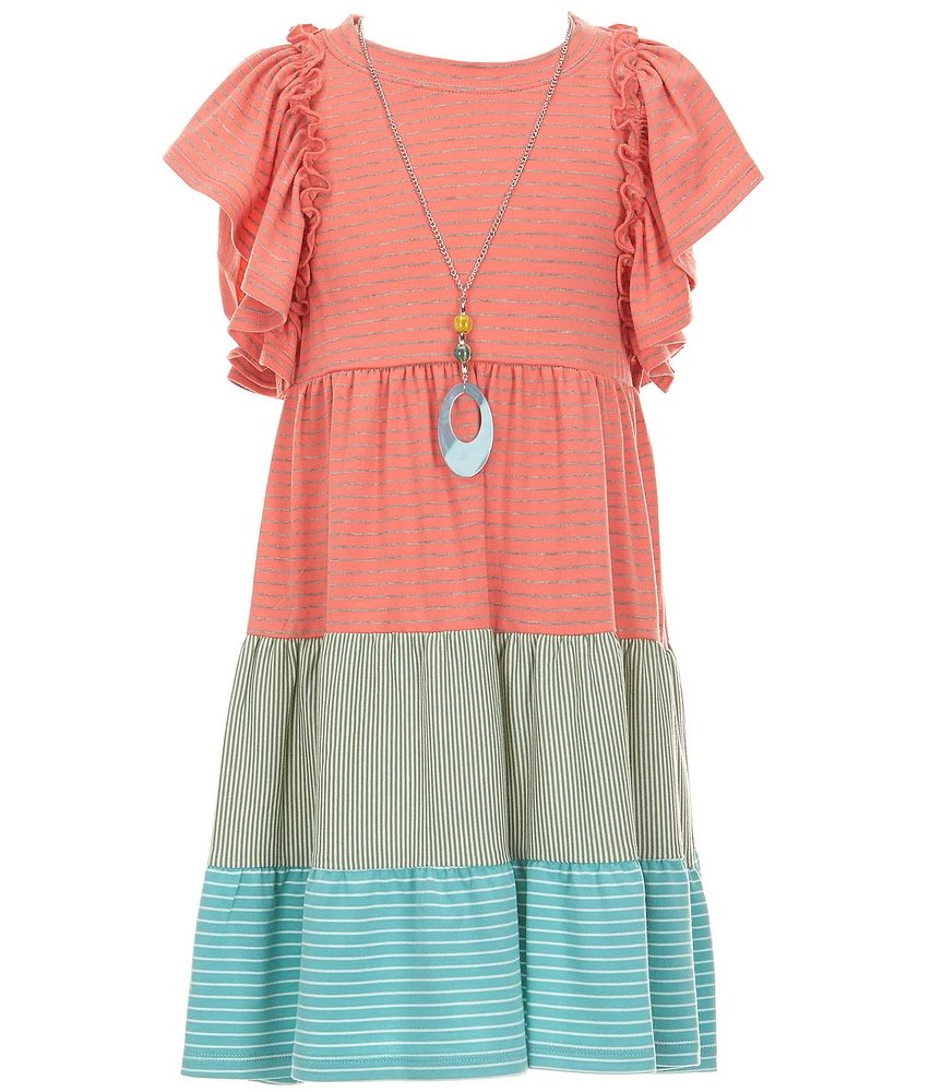 Bonnie Jean Big Girls Flutter-Sleeve Solid/Mixed-Striped Knit Fit-And-Flare Dress
