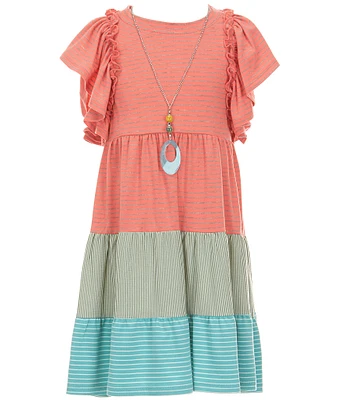 Bonnie Jean Big Girls Flutter-Sleeve Solid/Mixed-Striped Knit Fit-And-Flare Dress