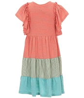Bonnie Jean Big Girls Flutter-Sleeve Solid/Mixed-Striped Knit Fit-And-Flare Dress