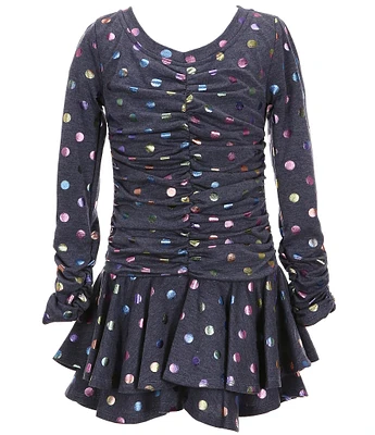 Bonnie Jean Big Girls 7-16 Long-Sleeve Iridescent-Dotted Shirred/Tiered Skirted French Terry Fit-And-Flare Dress