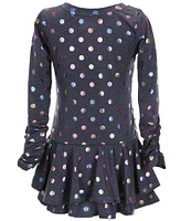 Bonnie Jean Big Girls 7-16 Long-Sleeve Iridescent-Dotted Shirred/Tiered Skirted French Terry Fit-And-Flare Dress