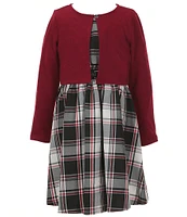 Bonnie Jean Big Girls 7-16 Long Sleeve Solid Cardigan & Sleeveless Plaid Fit & Flare Dress Set