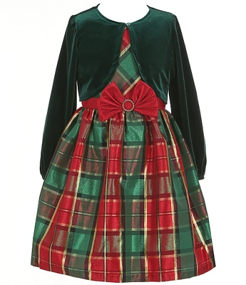 Bonnie Jean Big Girls 7-16 Long Sleeve Velvet Bolero & Sleeveless Plaid Taffeta Fit & Flare Dress Set