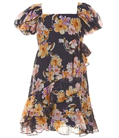 Bonnie Jean Big Girls 7-16 Puffed Sleeve Floral Asymmetrical Faux Wrap Chiffon Dress