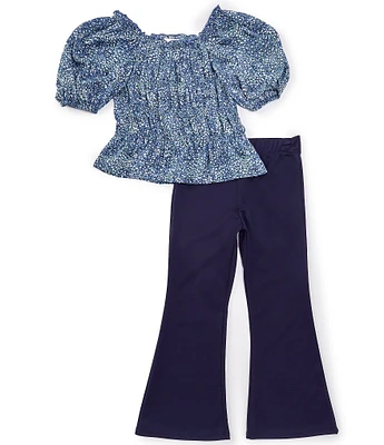 Bonnie Jean Big Girls 7-16 Puffed-Sleeve Smocked Woven Floral Peasant Top & Flare-Leg Knit Pant Set