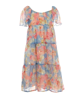 Bonnie Jean Big Girls 7-16 Short Sleeve Floral Iridescent Chiffon Long Dress