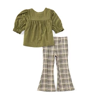 Bonnie Jean Little Girls 2T-4T 3/4-Sleeve Clip-Dot Top & Plaid Flare-Leg Leggings Set