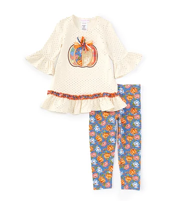 Bonnie Jean Little Girls 2T-4T 3/4-Sleeve Pumpkin-Appliqued Foiled-Dot Knit Top & Pumpkin-Printed Knit Leggings Set