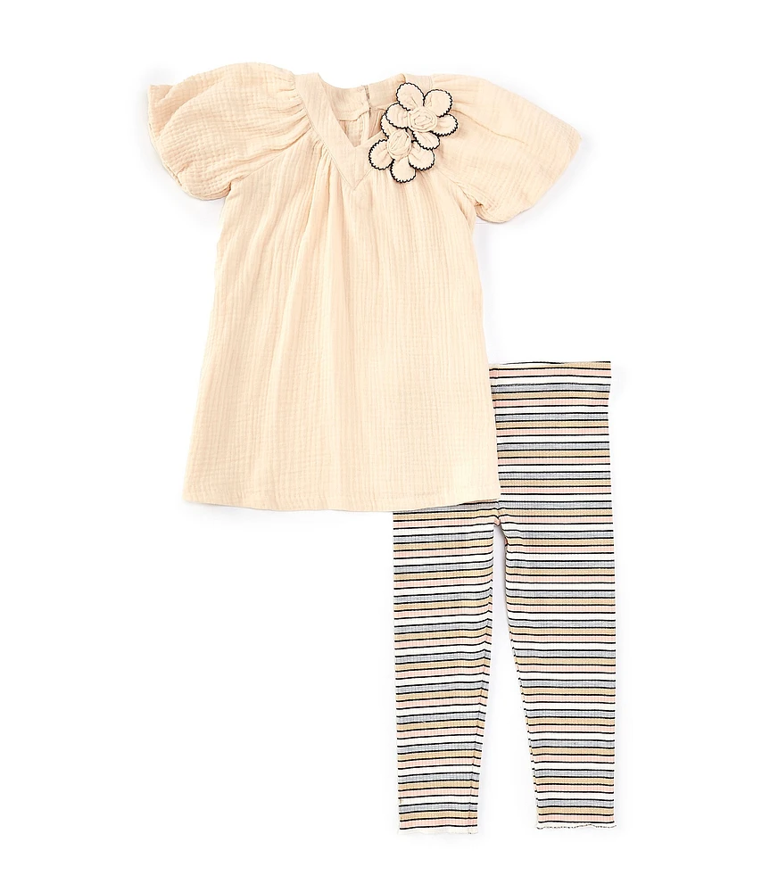 Bonnie Jean Little Girls 2T-4T Puffed-Sleeve Gauze Top & Striped Rib-Knit Leggings Set