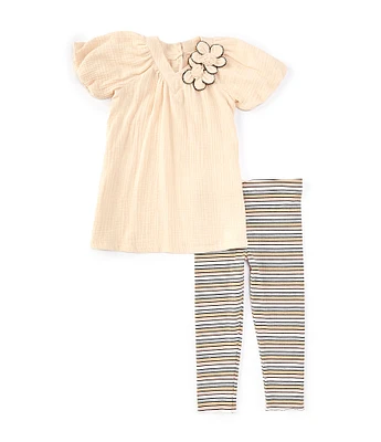 Bonnie Jean Little Girls 2T-4T Puffed-Sleeve Gauze Top & Striped Rib-Knit Leggings Set