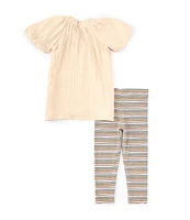 Bonnie Jean Little Girls 2T-4T Puffed-Sleeve Gauze Top & Striped Rib-Knit Leggings Set