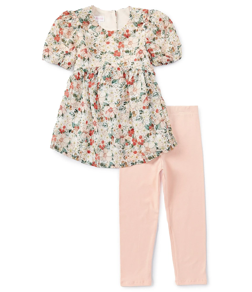 Bonnie Jean Little Girls 2T-6X Balloon-Sleeve Floral-Chiffon Top & Solid Knit Leggings Set