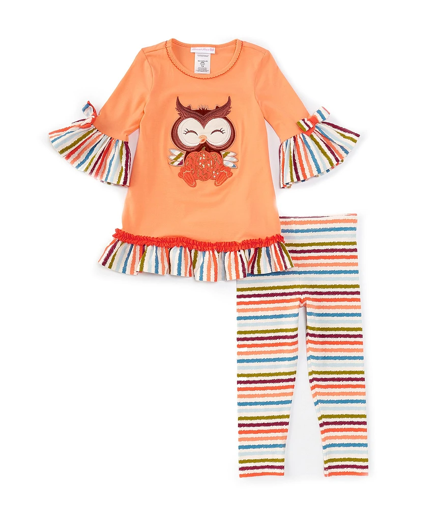 Bonnie Jean Little Girls 2T-6X Bell-Sleeve Owl-Appliqued Tunic Top & Striped Leggings Set