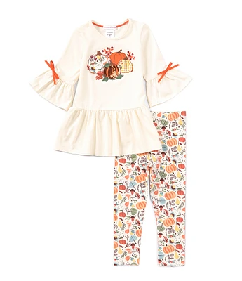 Bonnie Jean Little Girls 2T-6X Bell Sleeve Pumpkin-Applique Top & Printed Leggings Set