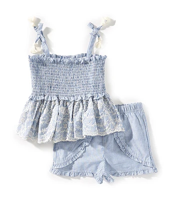 Bonnie Jean Little Girls 2T-6X Embroidered Chambray Striped Top & Matching Ruffle Shorts Set