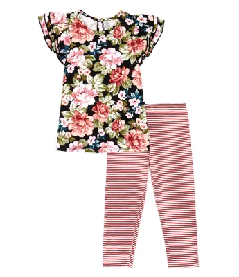 Bonnie Jean Little Girls 2T-6X Floral Print Triple Ruffle Short Sleeve & Stripe Legging 2-Piece Set