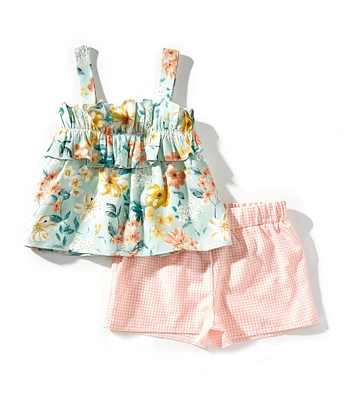 Bonnie Jean Little Girls 2T-6X Floral Printed Ruffle Trimmed Linen Blend Tank Top & Gingham Shorts Set