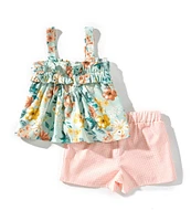 Bonnie Jean Little Girls 2T-6X Floral Printed Ruffle Trimmed Linen Blend Tank Top & Gingham Shorts Set