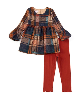 Bonnie Jean Little Girls 2T-6X Lantern-Sleeve Plaid Fit-And-Flare Woven Dress & Solid Knit Leggings Set