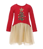 Bonnie Jean Little Girls 2T-6X Long Sleeve Christmas Tree Applique Color Block Dress