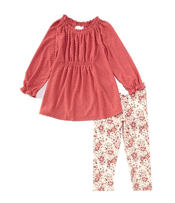 Bonnie Jean Little Girls 2T-6X Long-Sleeve Clip-Dot Tunic Top & Floral-Printed Leggings Set