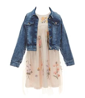 Bonnie Jean Little Girls 2T-6X Long Sleeve Denim Jacket & Floral-Embroidered Mesh Dress Set