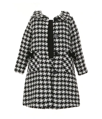 Bonnie Jean Little Girls 2T-6X Long Sleeve Houndstooth Wool-Blend Coat & Sleeveless Houndstooth Wool-Blend/Mesh Dress Set