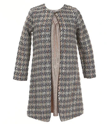 Bonnie Jean Little Girls 2T-6X Long Sleeve Plaid Metallic Boucle Coat & Sleeveless Foiled-Knit Empire-Waist Dress