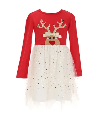 Bonnie Jean Little Girls 2T-6X Long Sleeve Red-Nosed Reindeer Face Appliqued/Tutu-Skirted Dress