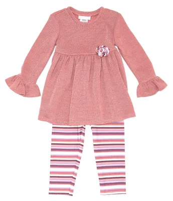 Bonnie Jean Little Girls 2T-6X Long Sleeve Solid Knit Dress & Striped Knit Leggings Set