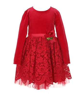 Bonnie Jean Little Girls 2T-6X Long-Sleeve Stretch Velvet Bodice/Lace-Skirted Fit-And-Flare Dress