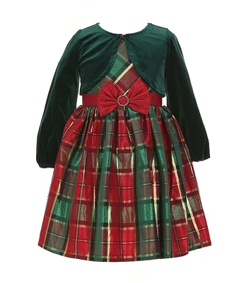 Bonnie Jean Little Girls 2T-6X Long Sleeve Velvet Bolero & Sleeveless Plaid Taffeta Fit & Flare Dress Set