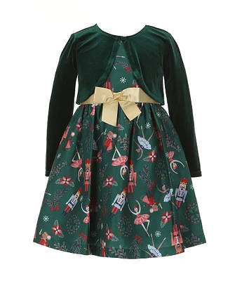 Bonnie Jean Little Girls 2T-6X Long-Sleeve Velvet Cardigan & Sleeveless Nutcracker-Printed Shantung Fit-And-Flare Dress