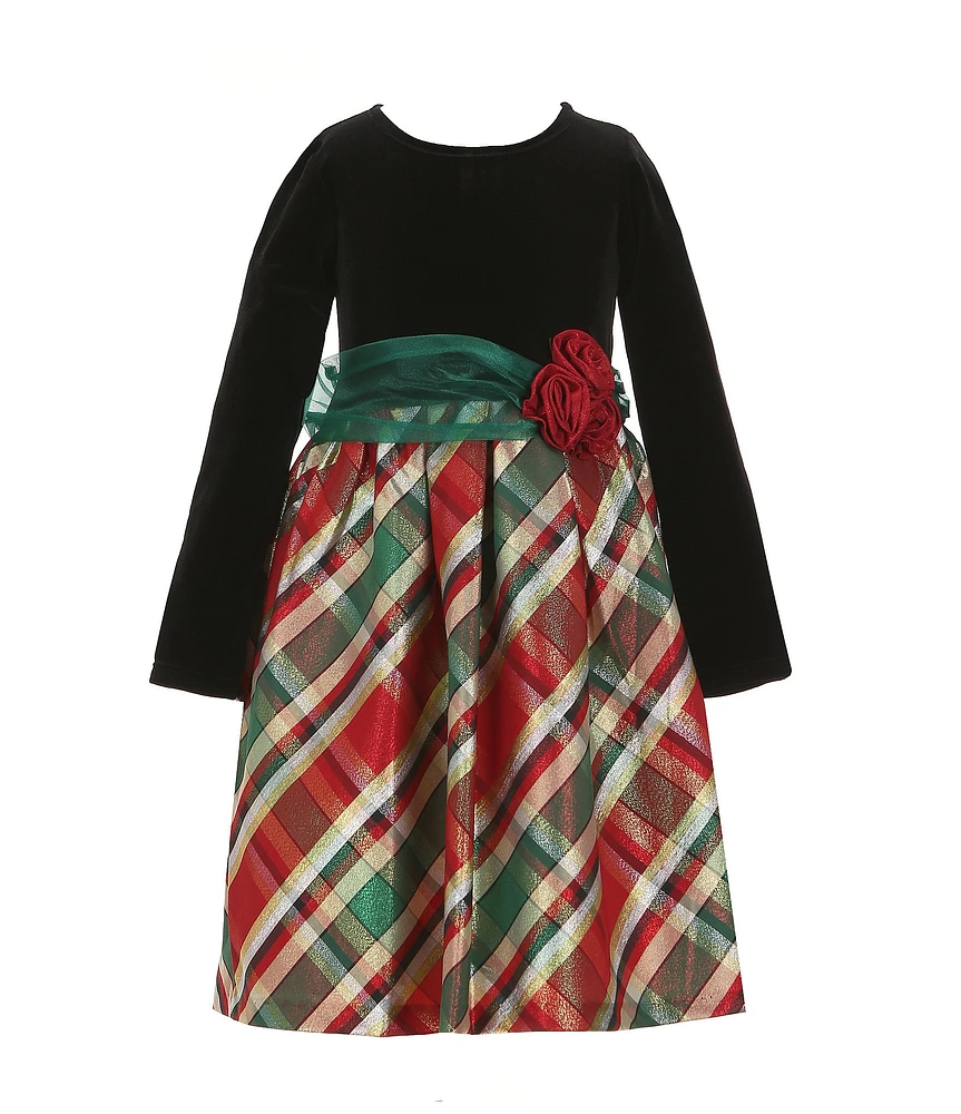 Bonnie Jean Little Girls 2T-6X Long Sleeve Velvet/Plaid Taffeta Fit & Flare Dress