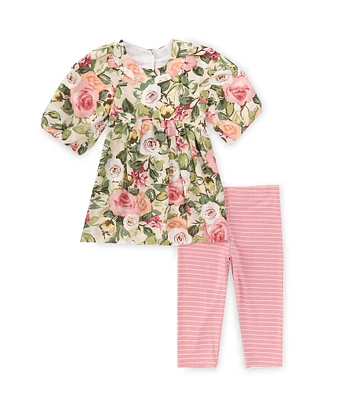 Bonnie Jean Little Girls 2T-6X Raglan Sleeve Floral Print Empire Waist Dress & Striped Capri Leggings Set