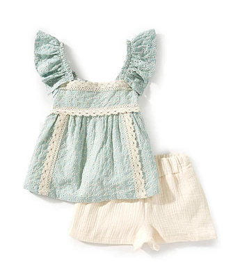Bonnie Jean Little Girls 2T-6X Ruffle Sleeve Embroidered Top & Gauze Shorts Set