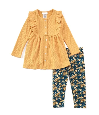 Bonnie Jean Little Girls 2T-6X Short-Sleeve Cabled-Sweater-Knit Tunic Top & Floral-Printed Knit Leggings Set