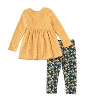 Bonnie Jean Little Girls 2T-6X Short-Sleeve Cabled-Sweater-Knit Tunic Top & Floral-Printed Knit Leggings Set