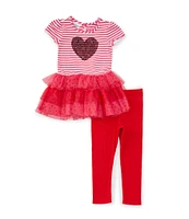 Bonnie Jean Little Girls 2T-6X Short Sleeve Striped Knit/Mesh Tutu-Skirted Dress & Solid Knit Leggings Set