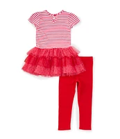 Bonnie Jean Little Girls 2T-6X Short Sleeve Striped Knit/Mesh Tutu-Skirted Dress & Solid Knit Leggings Set