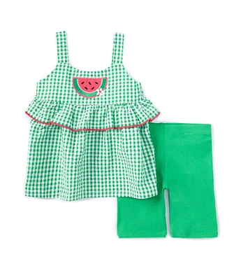 Bonnie Jean Little Girls 2T-6X Sleeveless Checked Watermelon Appliqued Seersucker Tunic Top & Solid Knit Bike Shorts Set