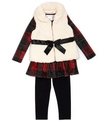 Bonnie Jean Little Girls 2T-6X Sleeveless Faux-Fur Vest, Long Sleeve Printed Tunic Top & Solid Leggings Set