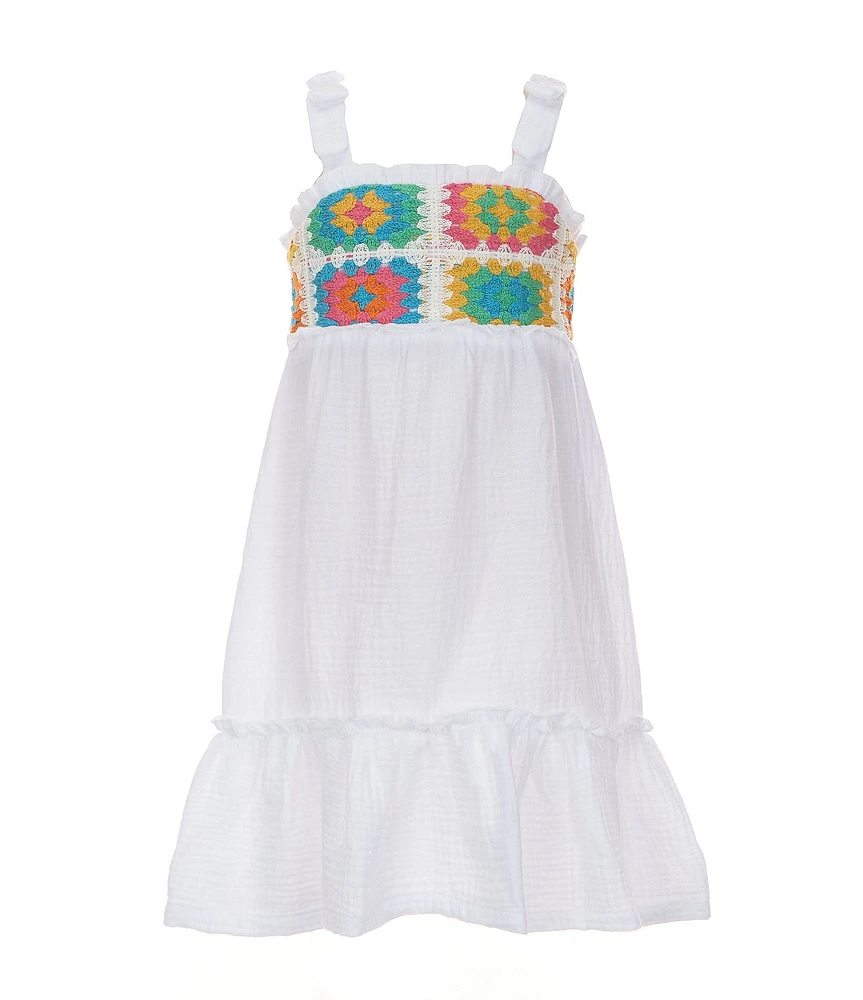 Bonnie Jean Little Girls 2T-6X Sleeveless Geometric-Crocheted-Bodice/Pleated Skirted Gauze Fit-And-Flare Dress