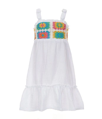Bonnie Jean Little Girls 2T-6X Sleeveless Geometric-Crocheted-Bodice/Pleated Skirted Gauze Fit-And-Flare Dress