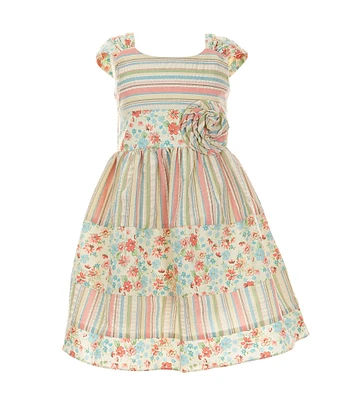 Bonnie Jean Little Girls 2T-6X Sleeveless Mixed-Media Floral/Striped Seersucker Fit-And-Flare Dress