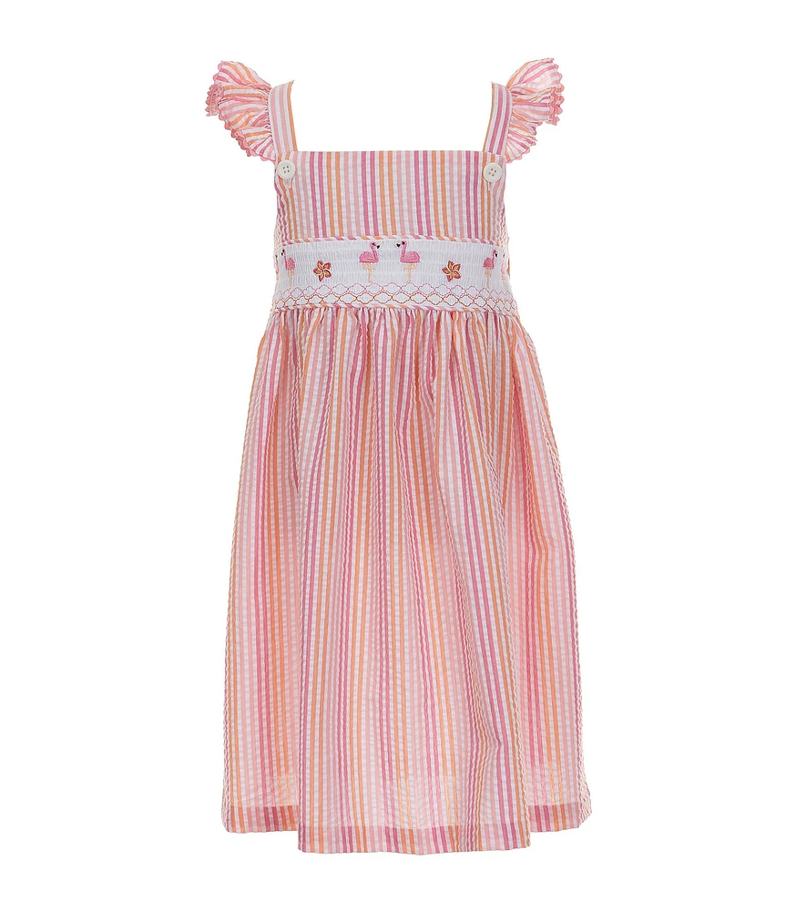 Bonnie Jean Little Girls 2T-6X Smocked Flamingo Embroidered Stripe Seersucker Sundress