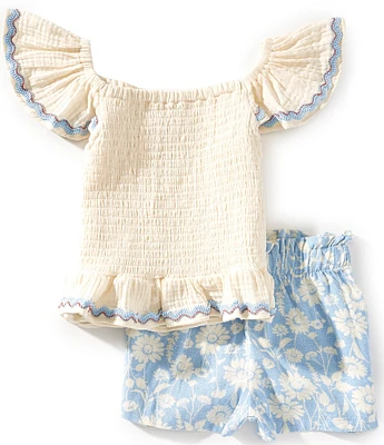 Bonnie Jean Little Girls 2T-6X Smocked Gauze Top & Floral Print Linen Shorts Set